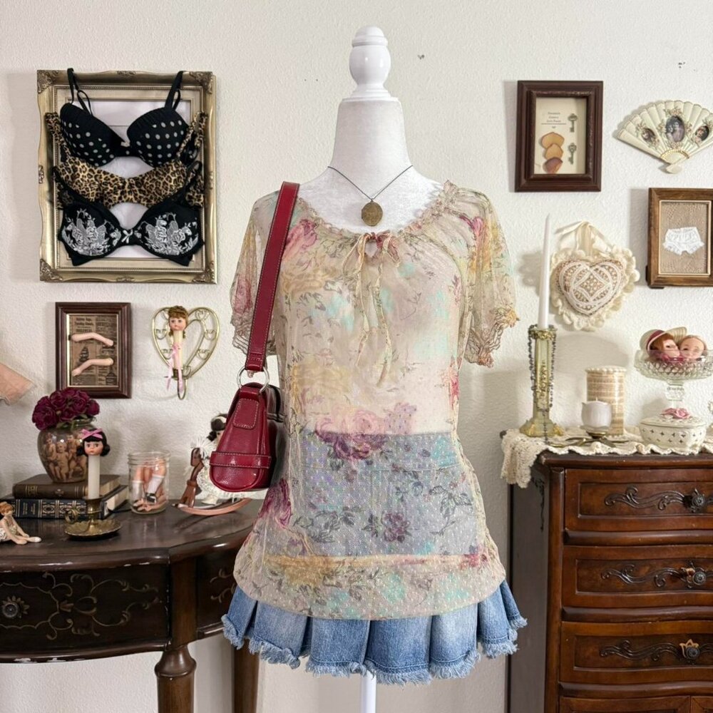 y2k dainty coquette sheer‎ floral puff sleeve blouse